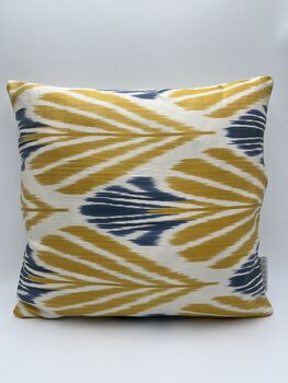 Square Ikat Silk Cushion Yellow And Blue Feather, 2 of 8