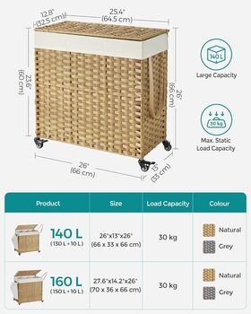 Laundry Basket Rattan Style Washing Hamper With Wheels, 10 of 12