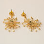 Gold Abstract Burst Dangle Earrings With Pearl Details, thumbnail 3 of 4