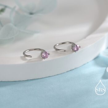 Minimalist Pink Cz Crystal Huggie Hoop Threader Earrings In Sterling Silver, 2 of 11