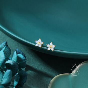 Tiny Opal Blue Cz Flower Stud Earrings, 3 of 12