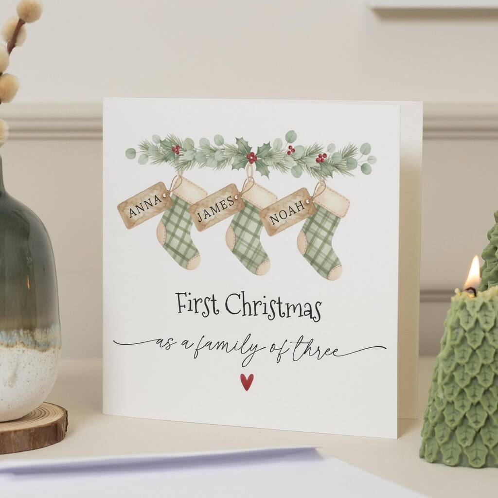 Personalised Family Of Three First Christmas Card, 1 of 7
