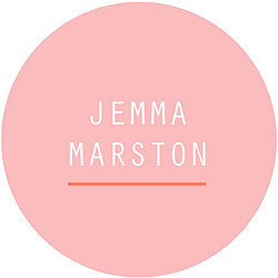 A pink circle with the name Jemma Marston in the centre in white with a coral orange line below it. 
