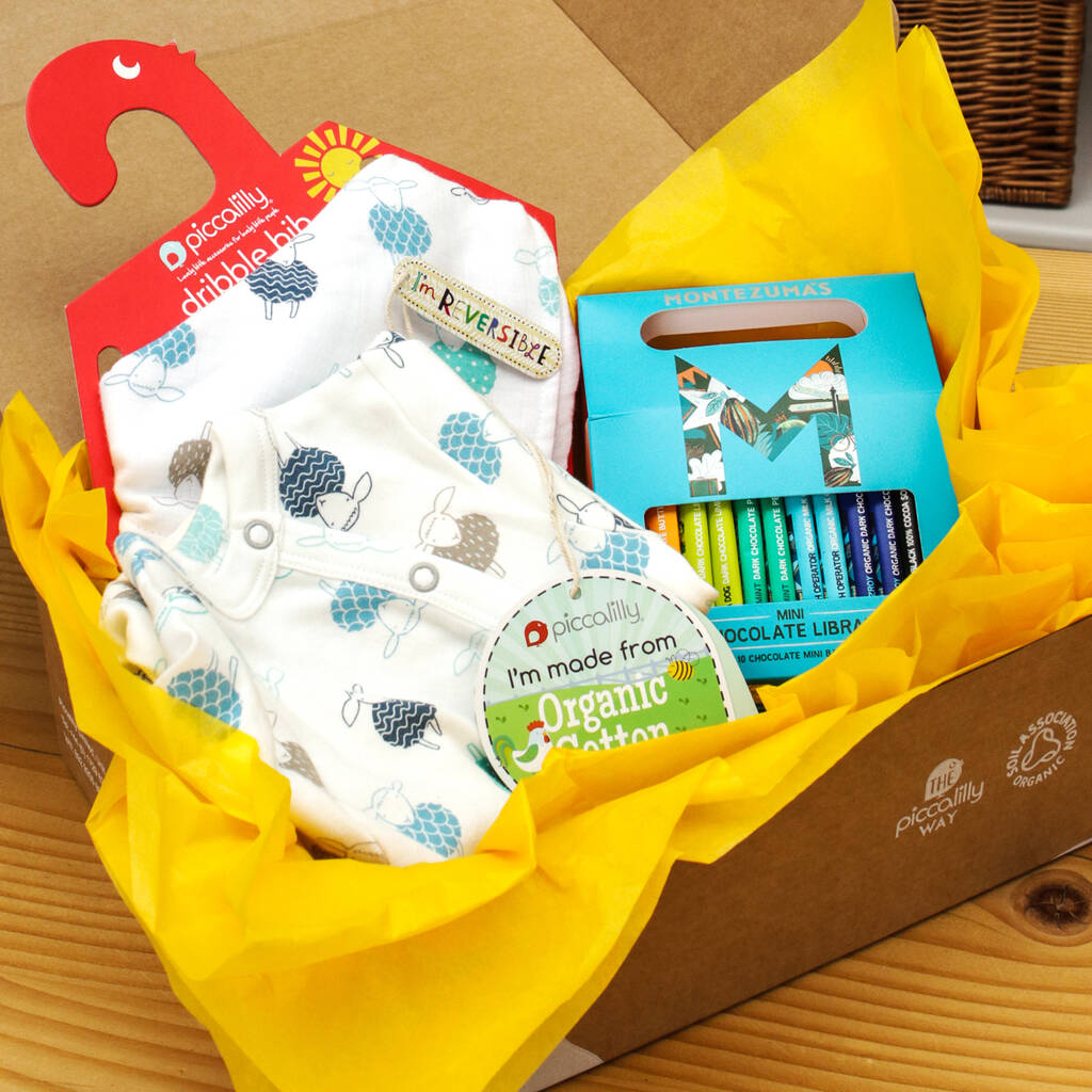 Image of Baby Gift Box With Sleepsuit, Muslin Bib And Chocolate