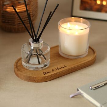 Personalised Solid Oak Candle And Diffuser Tray – Gift For Candle Lovers, 2 of 9