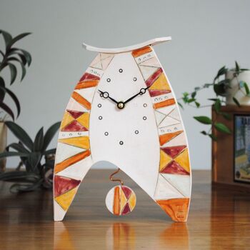 Handmade Ceramic Large Mantel Clock In Bright Warm Colours. Geometric Design. Triangle Patterns, 2 of 8