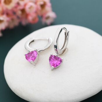 Sterling Silver Ruby Pink Heart Cz Huggie Hoop, 4 of 9
