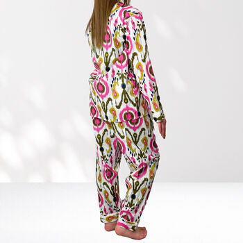 Ikat Print 100% Cotton Ladies Pyjamas In White And Pink, 8 of 9