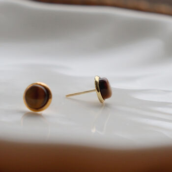 Tiny Gold Stud Earrings With Tigers Eye Crystal, 3 of 4