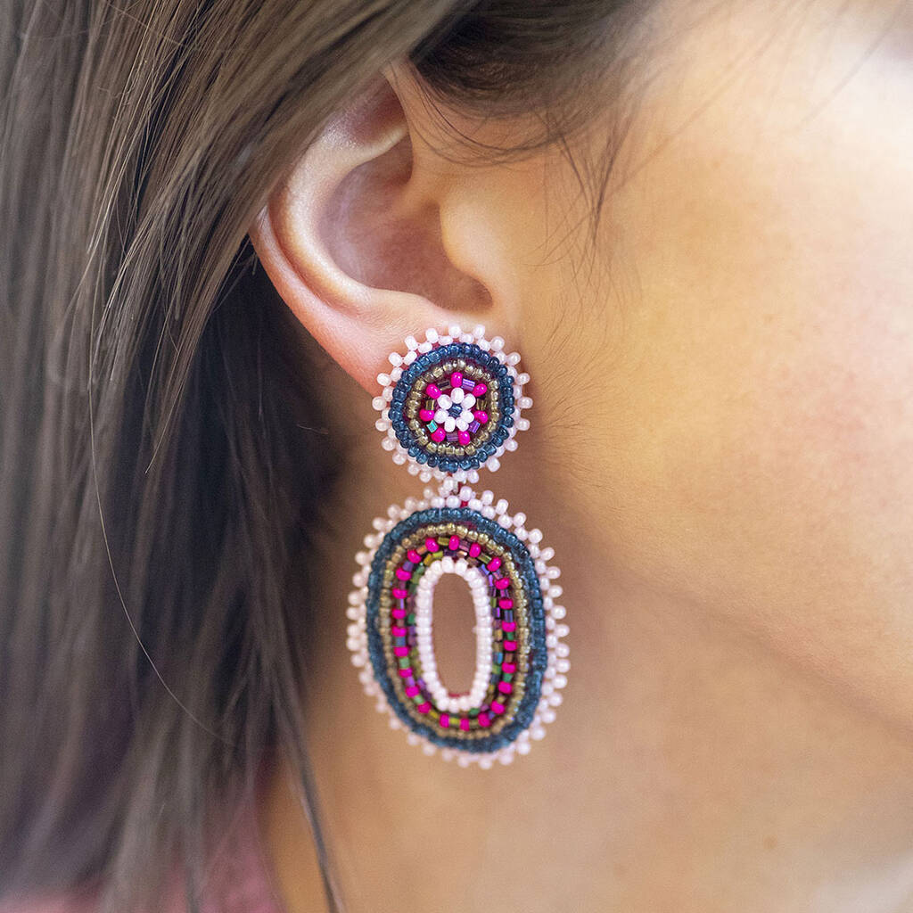 Pink And Blue Beaded Oval Statement Earrings, 1 of 4