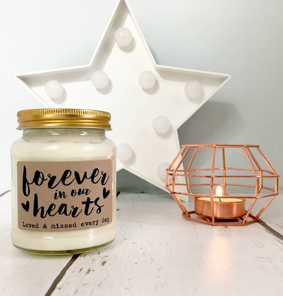 personalisable 'forever in our hearts' scented candle by lollyrocket candle co