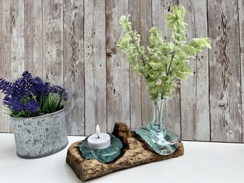 Molten Glass Mini Vase And Tealight Set On Teak Root Base, 6 of 12