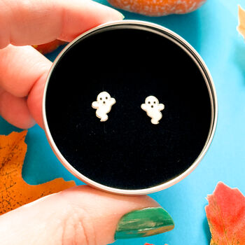 Silver Halloween Earrings, White Ghost Studs In A Tin, 3 of 8