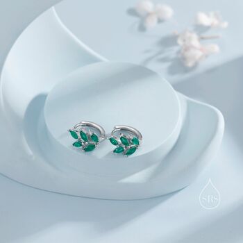 Sterling Silver Green Cz Leaf Huggie Hoop Earrings, 2 of 12
