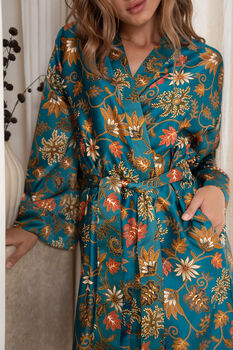 Teal Satin Batik Kimono Robe, 8 of 9