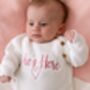 She's Here Embroidered New Baby Long Sleeve Knitted Romper, thumbnail 6 of 12