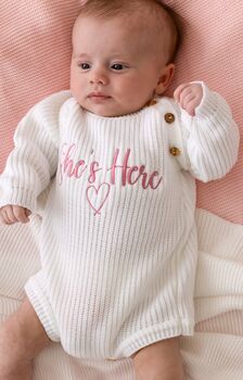 She's Here Embroidered New Baby Long Sleeve Knitted Romper, 6 of 12