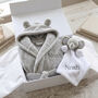 Personalised Grey Baby Gown And White Elephant Comforter Set, thumbnail 1 of 11
