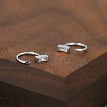 Vertical Baguette Cut Cz Huggie Hoop Earrings In Sterling Silver, 4 of 11