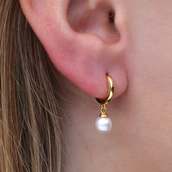 18ct Gold Plated Or Silver Pearl Huggie Hoop Earrings, 2 of 8