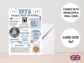 50th Birthday Card With 1976 Coin And Envelope Choose Your Colour, 2 of 3