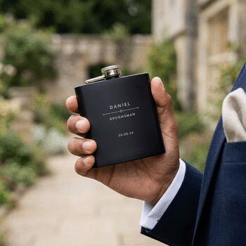 Personalised Modern Engraved Black Metal Hip Flask Wedding, Groomsmen And Birthday Gift, 2 of 11