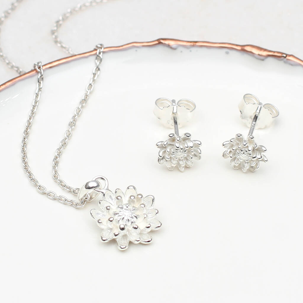 Sterling Silver Earring And Necklace Birth Flower Set By Hurleyburley