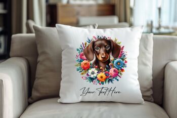 Personalised Chocolate Dachshund Summer Floral Dog Wreath Cushion And Mug Gift Bundle, 4 of 4