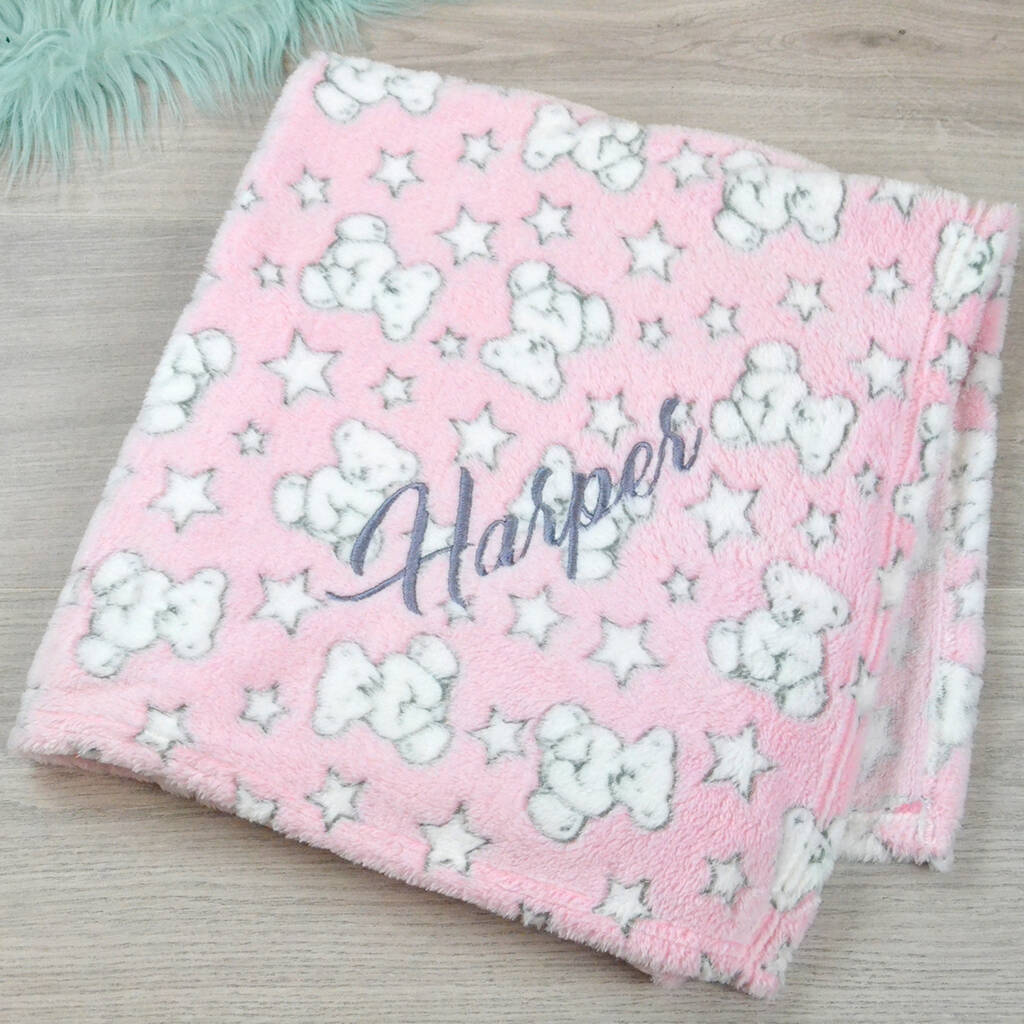 personalised pink teddy and stars baby blanket by dcaro