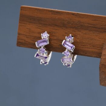 Amethyst Purple Cz Baguette Huggie Hoop Earrings, 6 of 11