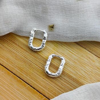 925 Silver U Shape Square Hammered Foil Hoop Earrings, 2 of 6