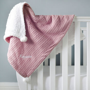 Personalised Dusty Pink Cable Knit Pom Pom Blanket, 10 of 12