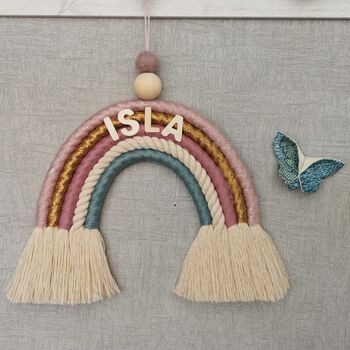Personalised Rainbow Macrame,Gold Sparkle Wall Hanging, 5 of 12