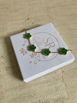 Old Plated Five Leaf Clover Charm Bracelet Gold Green, 5 of 6