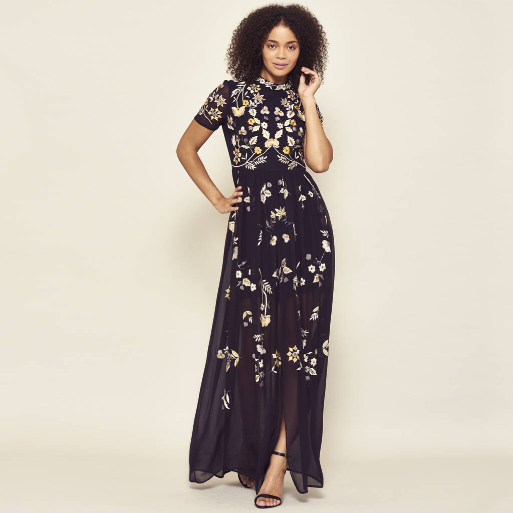 embroidered maxi dress with sleeves