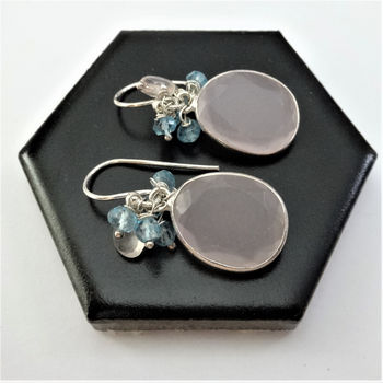 Pink Quartz Blue Topaz Cluster Earrings, 2 of 6