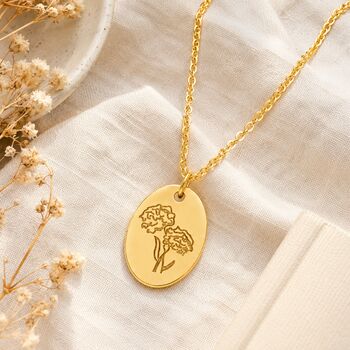 Personalised Oval Pendant Birth Flower With Engrave, 3 of 8