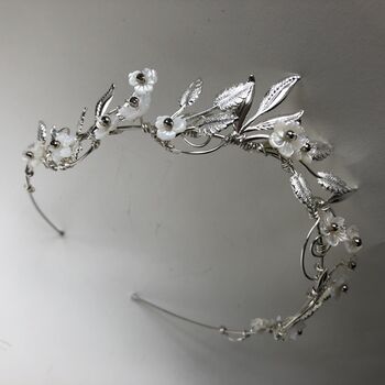 The Ostara Crown Gold Silver Shell Mother Of Pearl Floral Hair Vine Bridal Headpiece, 8 of 12