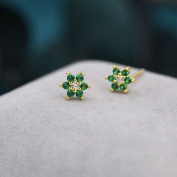 Emerald Green Cz Flower Stud Earrings Sterling Silver, 5 of 10