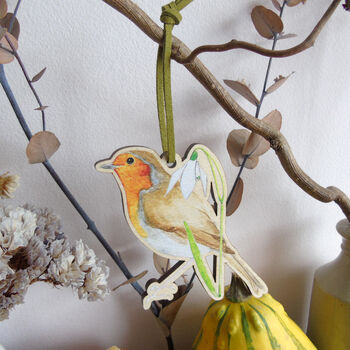 Robin And Snowdrop Wooden Hanging Decoration, 8 of 11