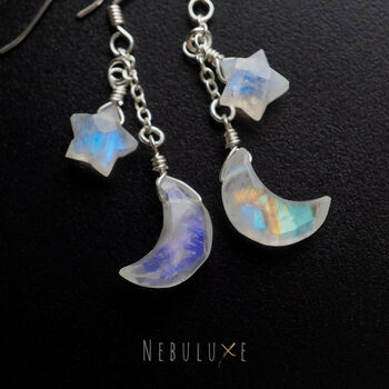Rainbow Moonstone Moon And Star Earrings, 4 of 10