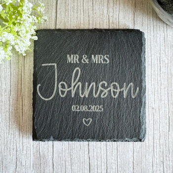 Personalised Slate Wedding Coaster Mr And Mrs Gift, 2 of 7