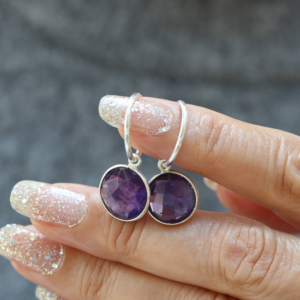 Sterling Silver And Amethyst Hoop Earrings By Soremi Jewellery 2363