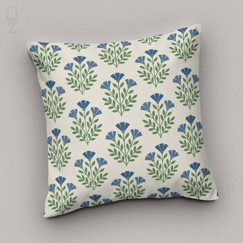 Blue Floral Block Print Chenille Cushion Cover, 7 of 12