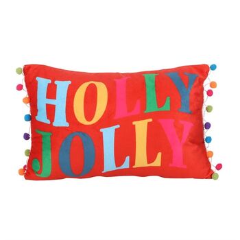 Red Holly Jolly Cushion With Pom Poms, 3 of 4