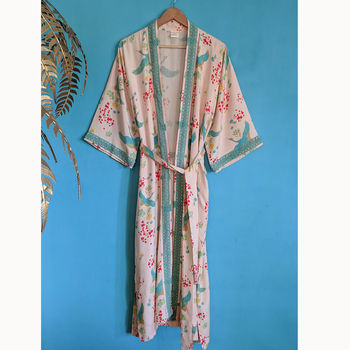 Crane Dance Peach Organic Cotton Dressing Gown, 2 of 4