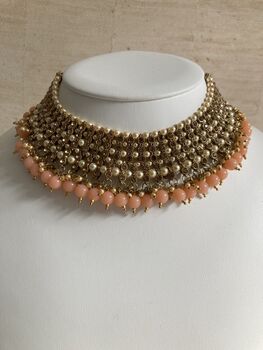 Indian Gold Plated Peach Pearl Choker Set, 5 of 7
