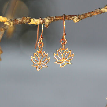 Lotus Flower Dainty Drop Earrings In Gold, Silver, Rose Gold, 5 of 9