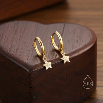 Sterling Silver Delicate Cz Star Huggie Hoop Earrings, 4 of 10