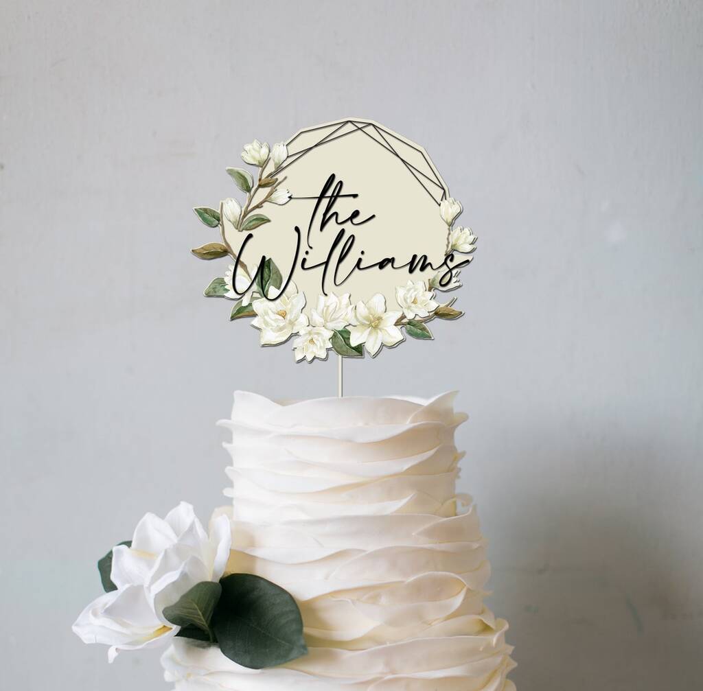 Personalised Floral Design Wooden Wedding Cake Topper, 1 of 3